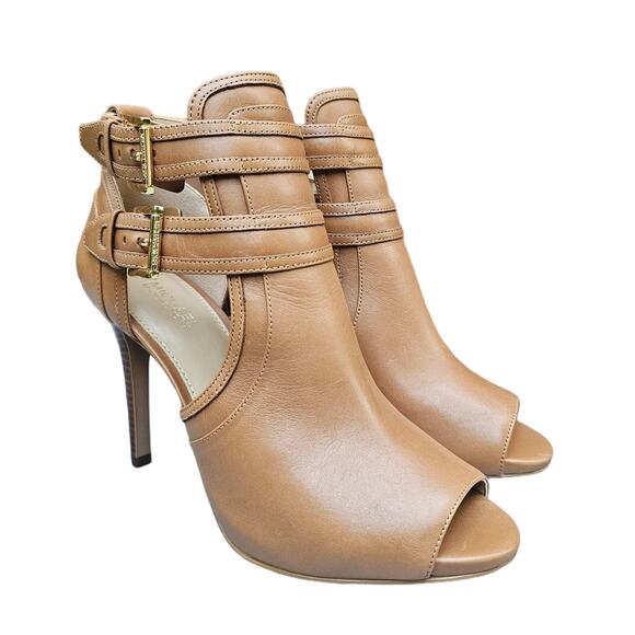 Stiletto Booties MMK Blaze Size 7 Tan Leather Gold MICHAEL KORS Buckle Heel Open - Picture 3 of 13